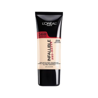 L'Oral Paris Infallible ProMatte 24 Hour Foundation black and transparent tube with black cap on white background
