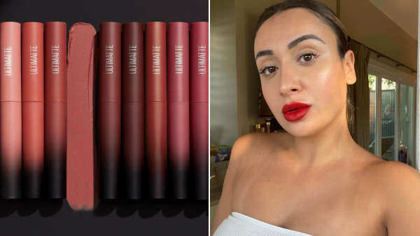 ultimatte lipsticks on left and angela in selfie on right in red lip