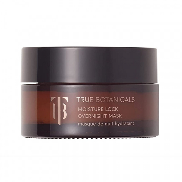 A small brown jar of the True Botanicals Moisture Lock Overnight Mask on a white background