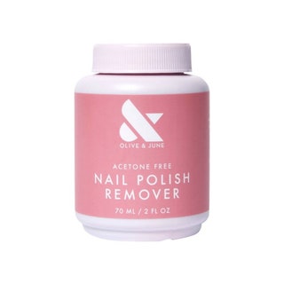 Olive  June Nail Polish Remover light pink jar with bright pink label on white background