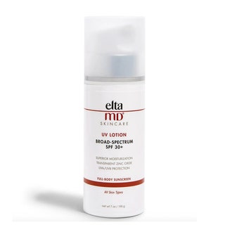 A red and white bottle of the EltaMD UV Lotion BroadSpectrum SPF 30 on a white background