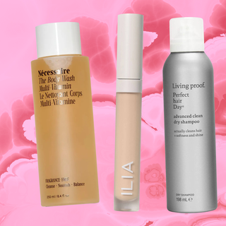 Award Winning Products at Nordstrom on pink background -- living proof, benefit, ilia 