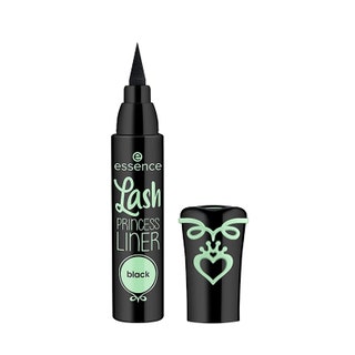 A small thick and black eyeliner pen with mint green writing on it that says Essence Lash Princess Liner with matching...