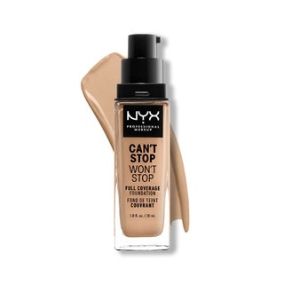 NYX Professional Makeup Can't Stop Won't Stop 24Hr Full Coverage Matte Finish Foundation clear bottle of foundation with...